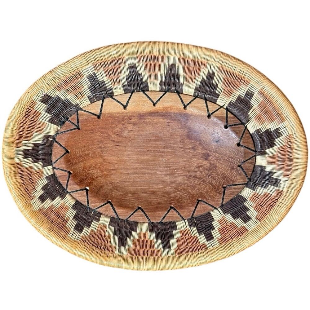 VTG Handwoven Coiled Basket Wood Bottom Geometric Tribal Pattern Shallow Tray